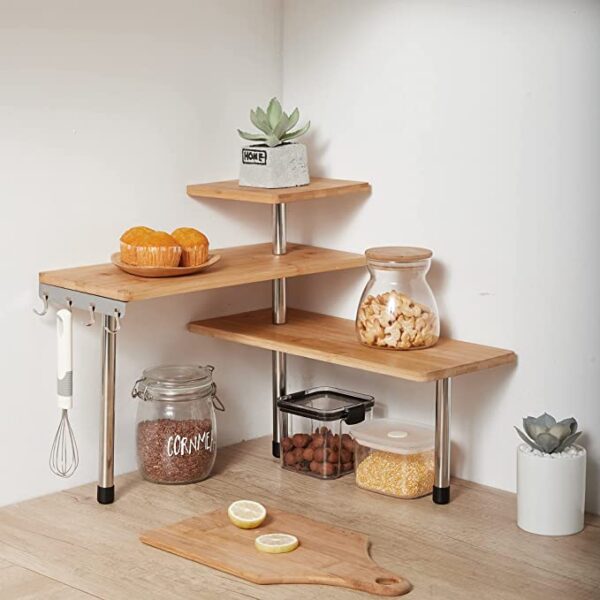 3 Tier Corner Shelf Bamboo & Metal Storage